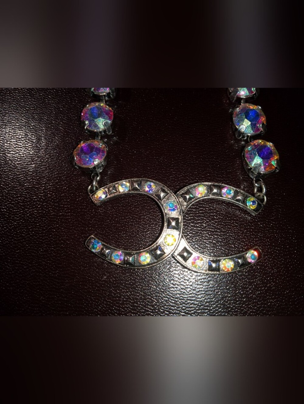 Rhinestone Double-Crescent Pendant Necklace - Iridescent
